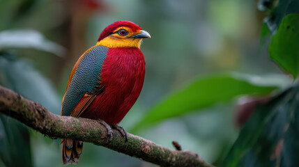 Obraz premium Vibrant bird perched on a tree branch in a lush jungle setting