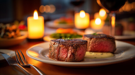 perfectly cooked steak dinner for two, romantic valentine table setting, warm candle lighting