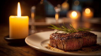 perfectly cooked steak dinner for two, romantic valentine table setting, warm candle lighting