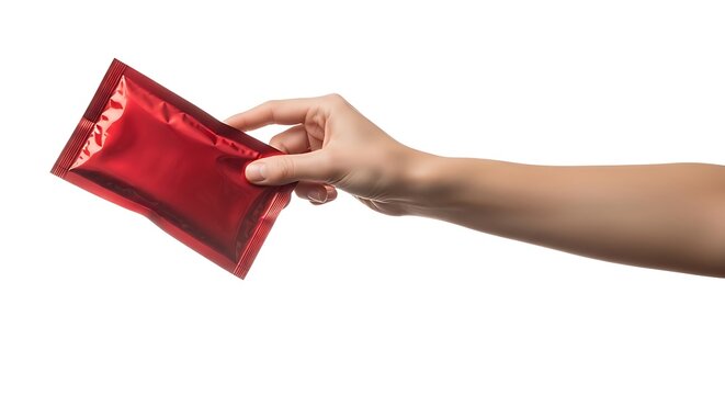 Hand holding an open shiny red foil pouch or packet against white background