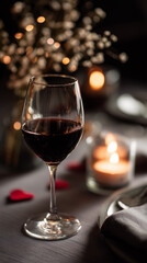 glass of red wine on romantic valentine table, soft candle light, dark moody background