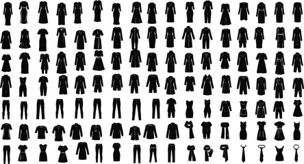 Large collection of black women's clothing silhouettes including dresses pants shirts and accessories isolated on white background for fashion design and retail marketing catalogs