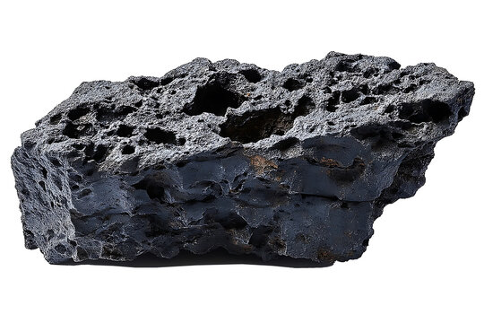 Natural black volcanic lava rock specimen with porous texture and rough surface details isolated on checkered gray transparent background effect
