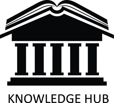 Illustration of a knowledge hub with an open book on top of a classical building with columns.