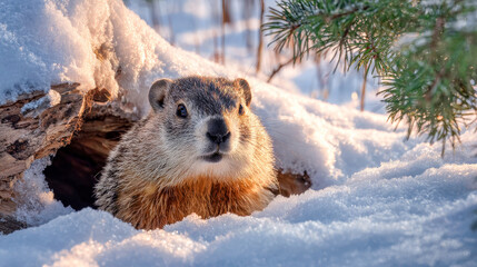 Fototapeta premium Groundhog peeking from snowy burrow on Groundhog Day, winter tradition symbolizing weather prediction, early spring hopes, wildlife moment in cold forest
