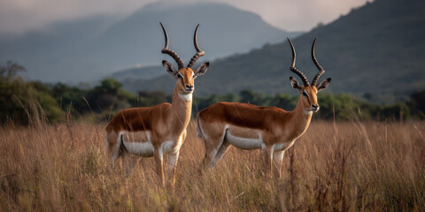 Naklejka premium Two Horned Antelopes Standing in Tall Grass Field