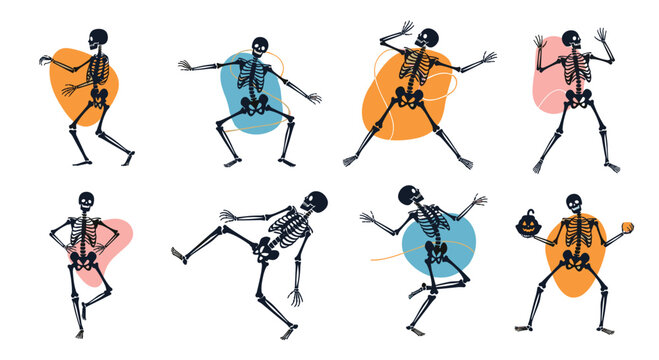 Collection of various skeletons in different dancing poses with colorful abstract shapes for halloween or day of the dead theme.