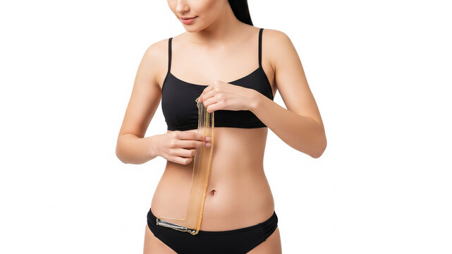Young woman doing shugaring hair removal in bikini area isolated on white background, close-up