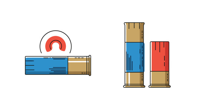 Shotgun shell ammunition icons in blue and red colors with brass bases for hunting and shooting sport equipment concept.