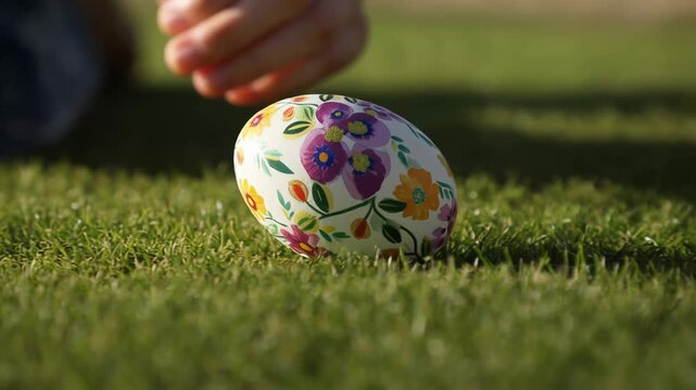Hand placing a hand painted Easter egg with colorful floral patterns on green grass in sunlight