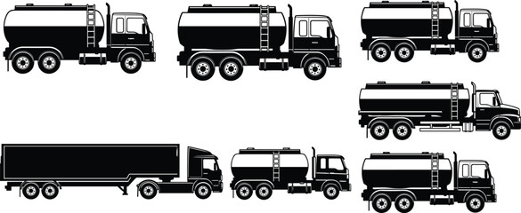 Black silhouette set of tanker and cargo trucks illustrating fuel, water, and liquid transport vehicles isolated on white background