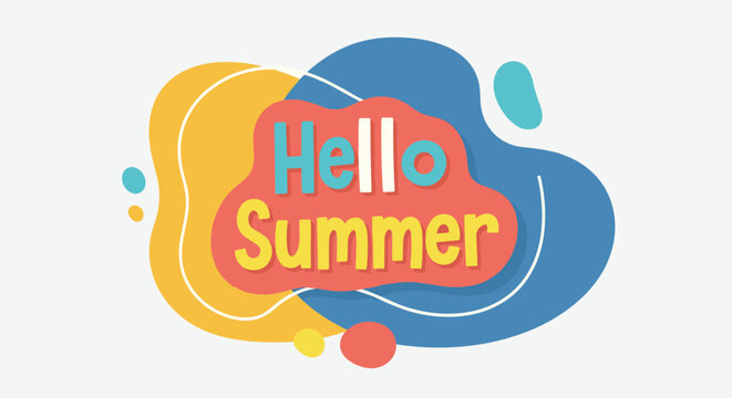 Playful hello summer typography design set against colorful organic abstract blobs and shapes for a seasonal greeting.