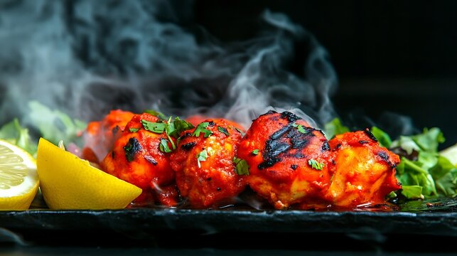 Delicious indian chicken tikka tandoori dish high resolution image
