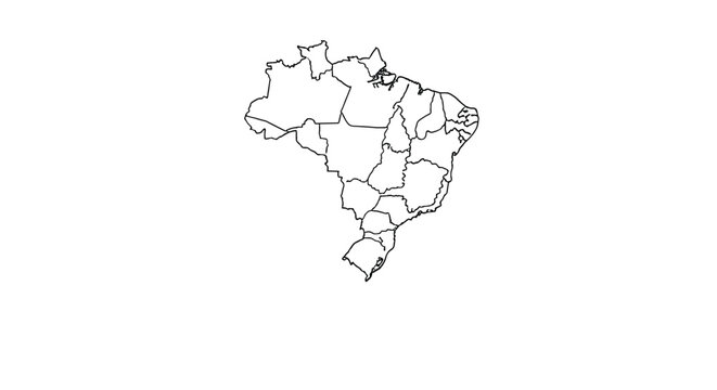 Simple black and white outline map of brazil showing the borders of all states and regions on a white background.