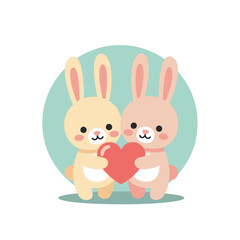 Fototapeta premium Cute cartoon rabbits sharing a heart symbolizing love and friendship