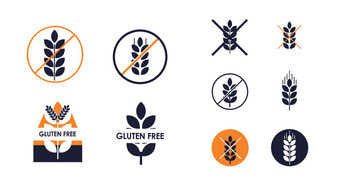 Collection of professional gluten free product labels and wheat grain icons designed in a clean dark blue and orange color scheme.