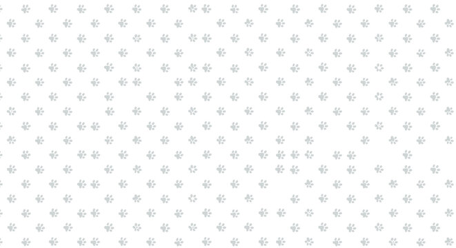 Minimalist repeated pattern of small light grey animal paw prints distributed across a clean white background for design.