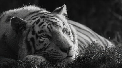 Obraz premium Close-up of a resting big cat in tall grass