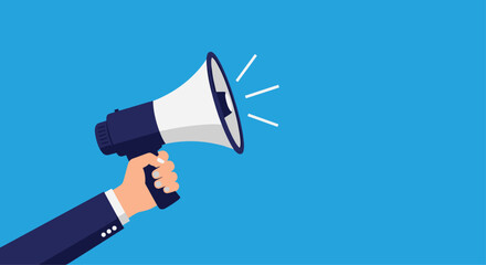 Fototapeta premium Illustration of a human hand holding a navy blue and white megaphone to symbolize broadcasting messages or making public announcements.