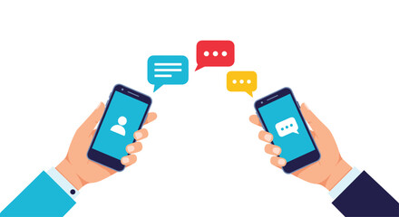 Illustration of two hands holding smartphones with colorful speech bubbles indicating a messaging conversation between two users.