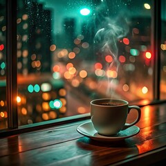 steaming coffee cup on wooden surface with city lights in background through window at night