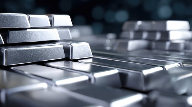Reflective silver bars wealth concept Shiny silver bars stacked in warehouse, precious metal bullion investment concept with copy space