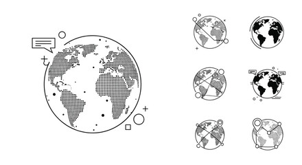 Obraz premium Global network icons set featuring stylized earth globes with map markers and communication elements in black and white style.
