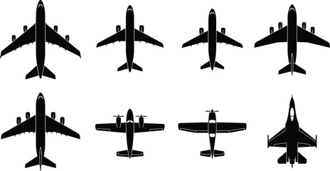 Top View Airplane Silhouette Vector Set &ndash; Aircraft Aerial Perspective Illustration