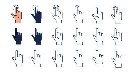 Interactive hand pointer icons set featuring different finger clicking gestures for web and touch screen applications.