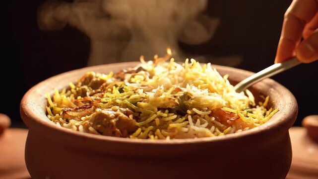 Hot Steaming Chicken Biryani Served in Traditional Clay Pot