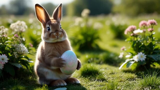 Spring Easter scene with light brown bunny holding colorful painted egg in sunlit meadow
