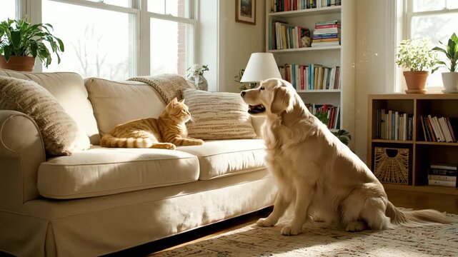 dog and cat in a room inside the house footage