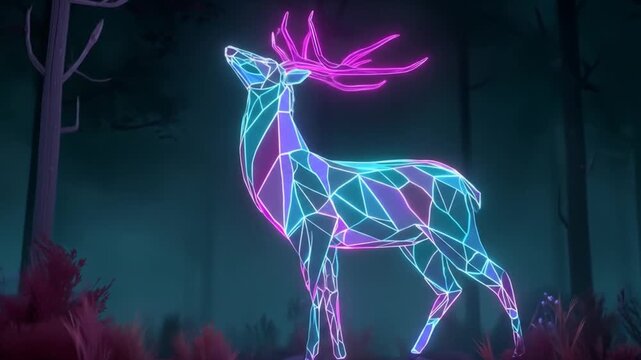 Neon deer silhouette illuminated against dark forest background