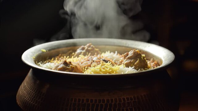 Opening a Traditional Handi Pot Revealing Steaming Hot Chicken Biryani