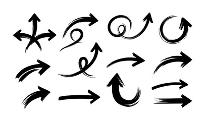 Hand Drawn Brush Arrow Icons Marker Style Vector Illustration Set