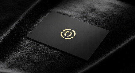 Elegant Black Card with Gold Emblem on Dark Fabric Mockup