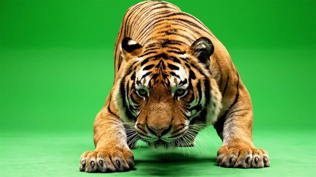 Tiger crouching on green background ready to pounce.