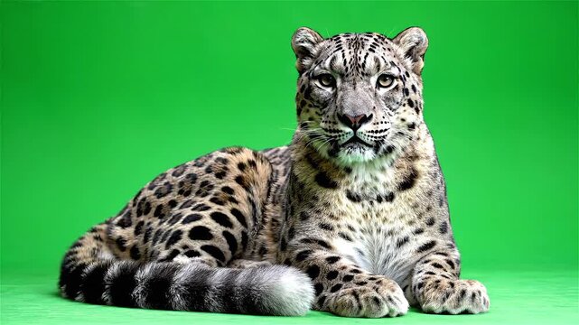 Snow leopard lying down on a green background.