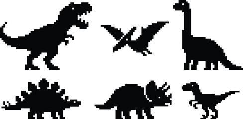 Dinosaur Pixel Silhouette Vector Set &ndash; Retro 8-Bit Prehistoric Animal Illustration