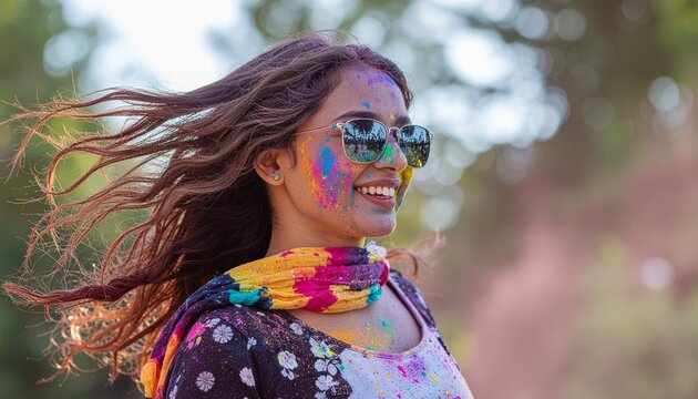 Girl with sunglasses and colorful powder on her face and shirt, wearing a flower necklace, with windblown hair and trees behind her during holi celebration