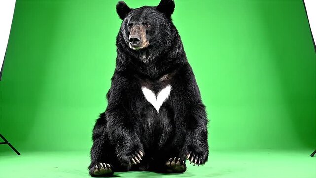 Black bear with white heart shape on chest sitting on green background.