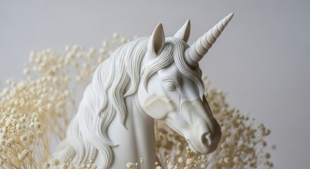 Obraz premium Elegant white unicorn sculpture surrounded by delicate flowers