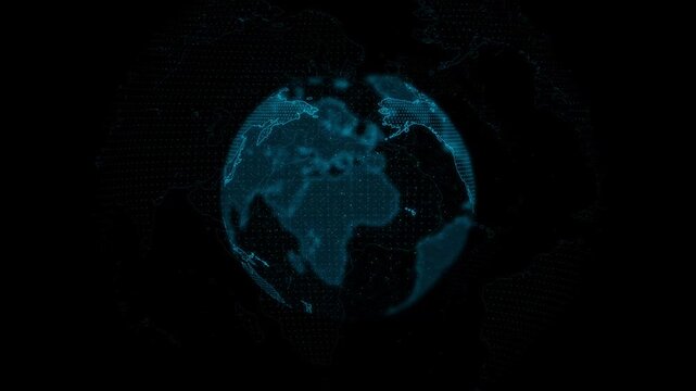 Rotating digital planet Earth globe with HUD elements. Blue holographic world map made of particles on black background. Seamless loop for tech, science, and data visualization.