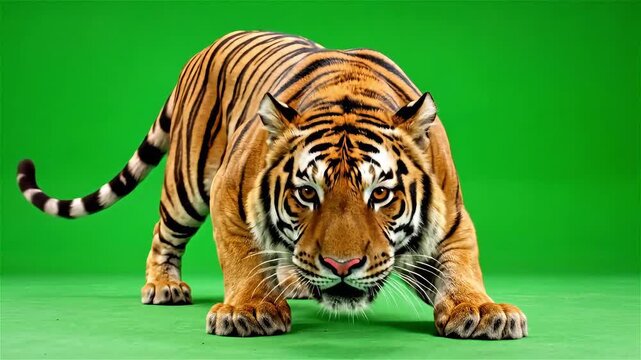 Tiger crouching on a green background ready to pounce.