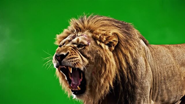Fierce lion with open mouth and sharp teeth on green background.