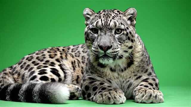 Snow leopard lying down on a green background.