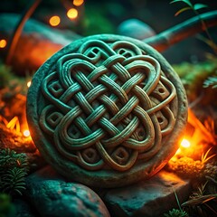 celtic knot carving surrounded by rocks moss and glowing lights in mystical natural setting