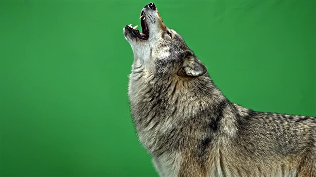 Wolf howling against a green background.