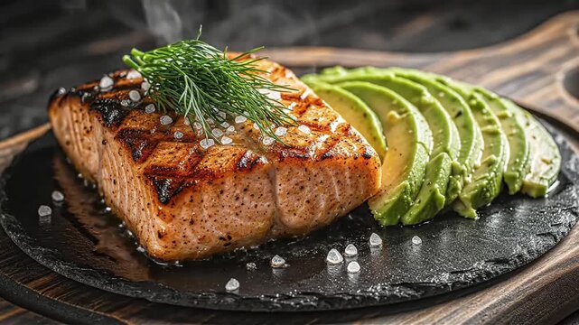 Grilled Salmon Steak with Avocado Slices on Slate - Healthy Food Photography for Restaurant Menus and Wellness Campaigns