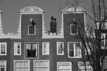Amsterdam Prinsengracht Canal House Facades with Neck Gables Close Up in Black and White,...